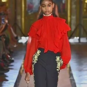 Giambattista Valli × H&M Rouge Silk Chiffon Mock Neck Ruffled Blouse